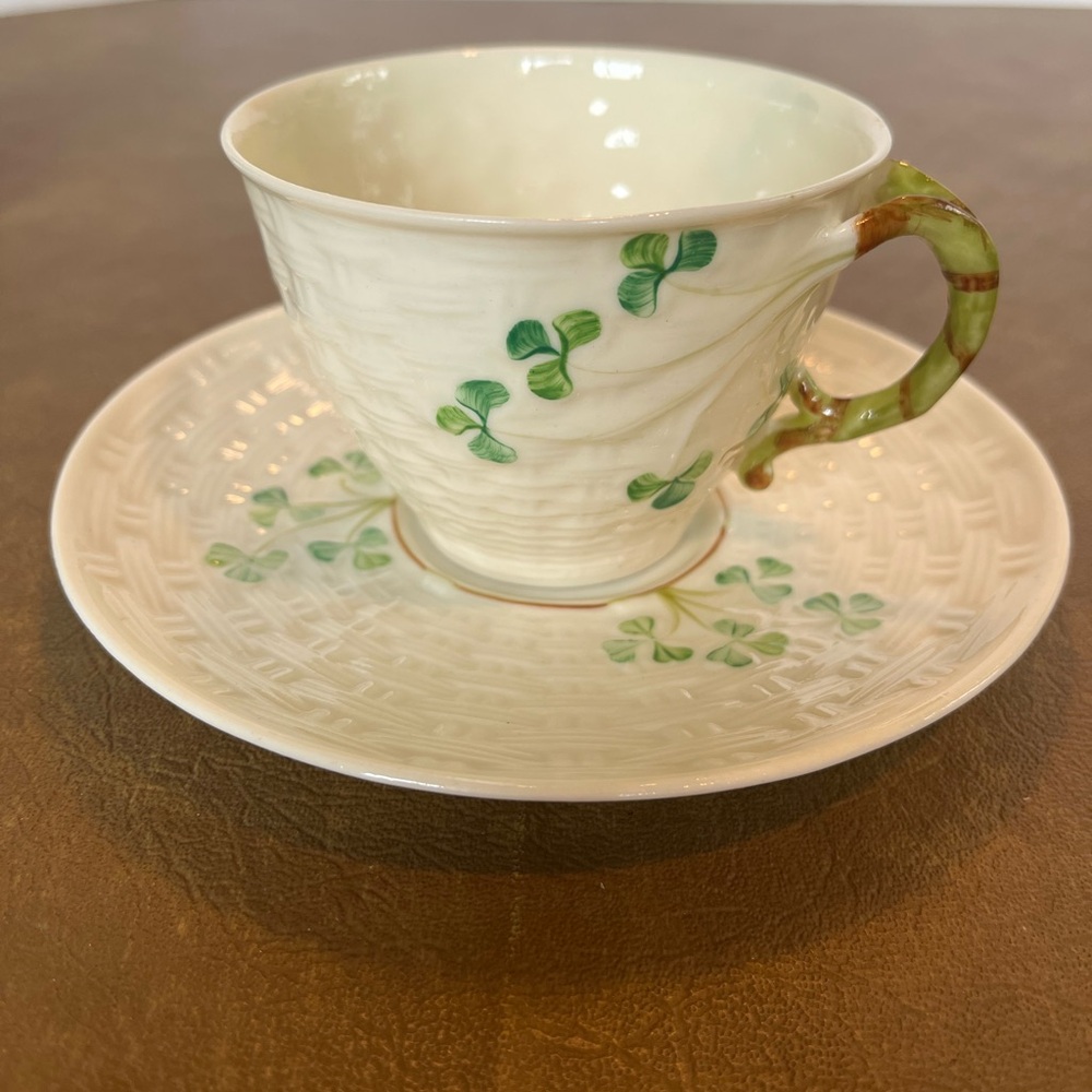 Antique Belleek Shamrock Cup and Saucer Set, Timeless Shamrock Pattern
